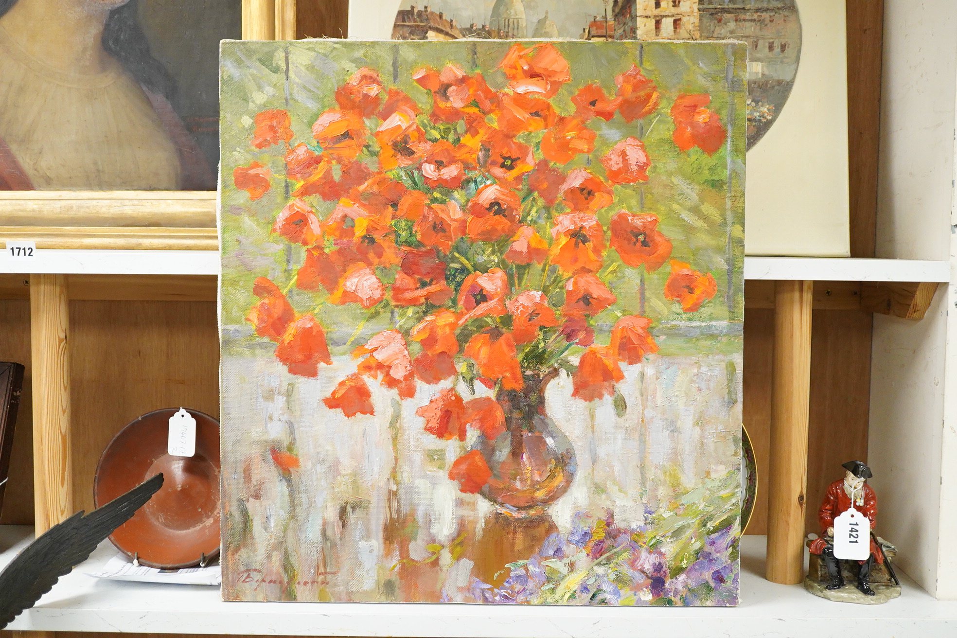 Bernadsky, Still life of Poppies, signed, inscribed in cyrillic verso, with Van Ludvic Art Gallery receipt verso, unframed, oil on canvas, 60 x 55cm